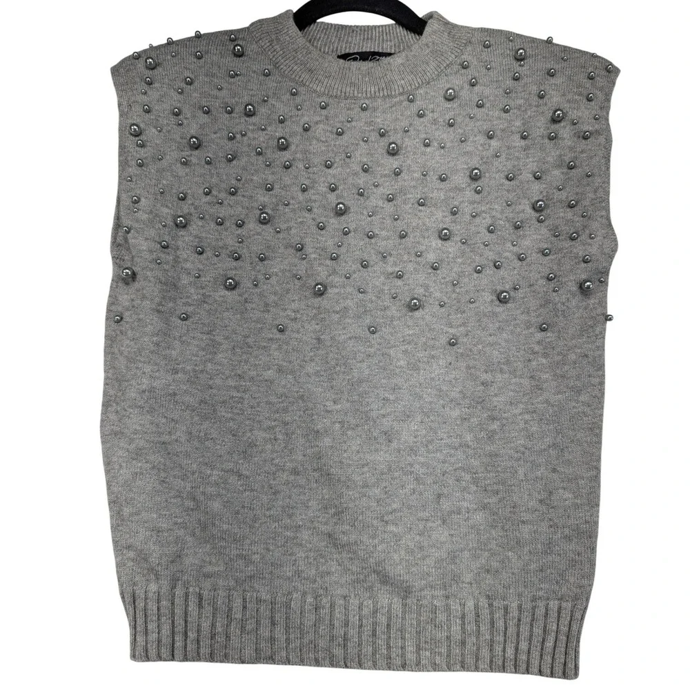 Oui 12th Pearl Embellished Sleeveless Knit Sweater Vest Light Grey‎ Size S